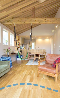 勾配天井を板張り施工することで木の家の雰囲気を演出します。