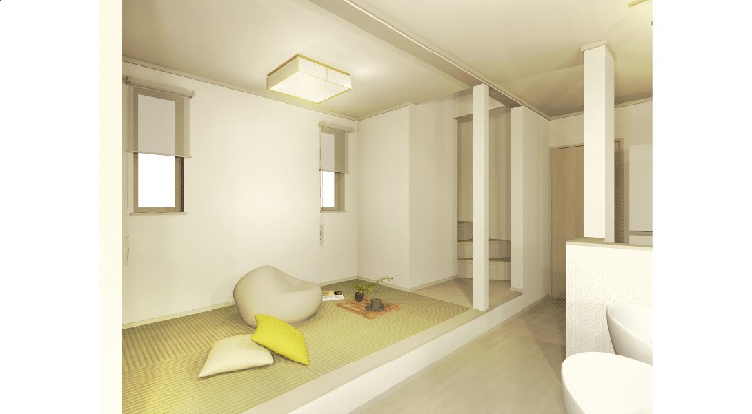 LDK：白を基調とした明るくゆったりとした16.5帖のLDK。3.0帖の床上げ和室は家事スペースやお子様の遊び場としても。(1号棟)