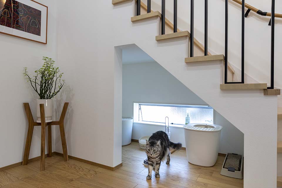階段下は猫ちゃん専用スペース。地窓を開ければ換気もばっちり。