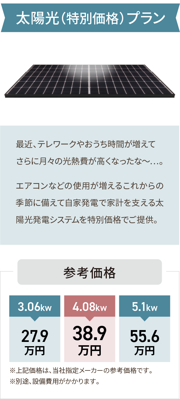太陽光(特別価格)プラン 最近、テレワークやおうち時間が増えてさらに月々の光熱費が高くなったな~…。エアコンなどの使用が増えるこれからの季節に備えて自家発電で家計を支える太陽光発電システムを特別価格でご提供。参考価格 3.06kw27.9万円 4.08kw38.9万円 5.1kw55.6万円 ※上記価格は、当社指定メーカーの参考価格です。※別途、設備費用がかかります。