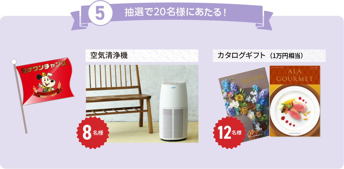 抽選で20名様にあたる！空気清浄機 8名様 　カタログギフト（1万円相当）12名様 