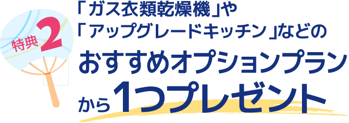 特典2「ガス衣類乾燥機」や「アップグレードキッチン」などのおすすめオプションプランから1つプレゼント