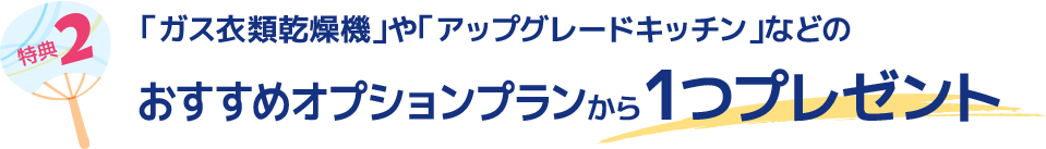 特典2「ガス衣類乾燥機」や「アップグレードキッチン」などのおすすめオプションプランから1つプレゼント