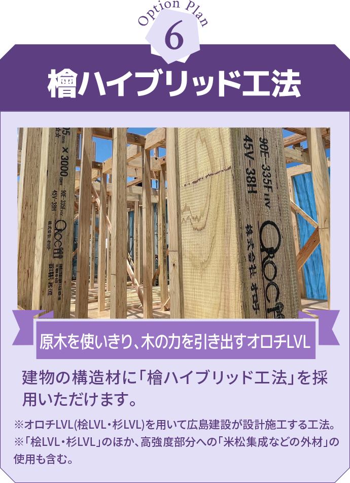 檜ハイブリッド工法 原木を使いきり、木の力を引き出すオロチLVL 建物の構造材に「檜ハイブリッド工法」を採用いただけます。※オロチLVL(桧LVL・杉LVL)を用いて広島建設が設計施工する工法。※「桧LVL・杉LVL」のほか、高強度部分への「米松集成などの外材」の使用も含む。
