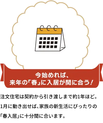 今始めれば、来年の「春」に入居が間に合う！　注文住宅は契約から引き渡しまで約1年ほど。1月に動き出せば、家族の新生活にぴったりの「春入居」に十分間に合います。