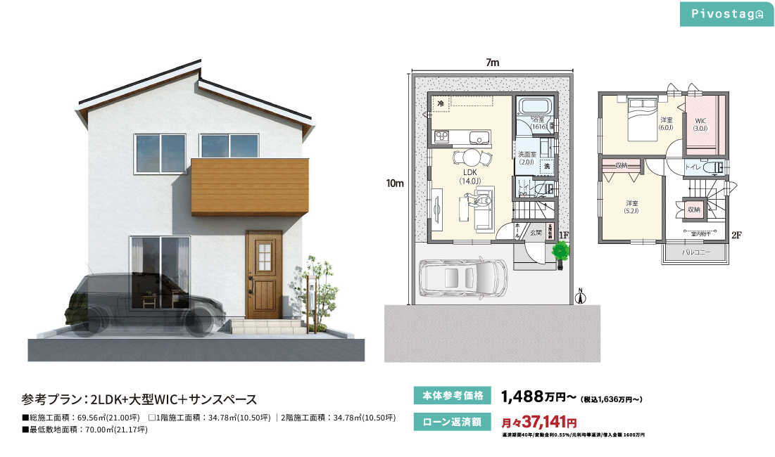 参考プラン：2LDK+大型WIC+サンスペース　本体参考価格：1,488万円〜（税込1,636万円〜）　ローン返済額：月々37,141円 返済期間40年/変動金利0.55%/元利均等返済/借入金額 1600万円