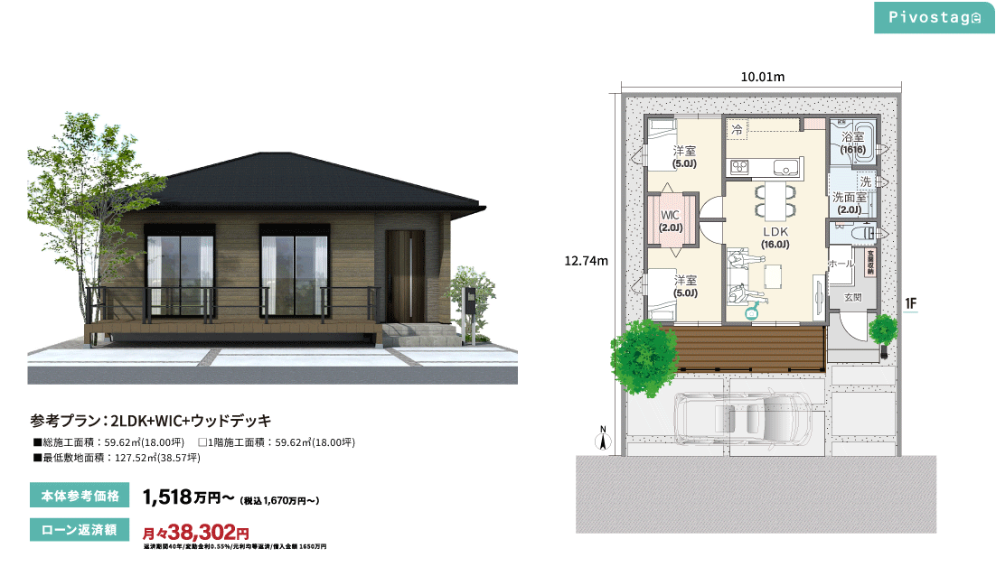 参考プラン：2LDK+WIC+ウッドデッキ　本体参考価格：1,518万円～（税込1,670万円～）　ローン返済額：月々38,302円 返済期間40年/変動金利0.55%/元利均等返済/借入金額 1650万円