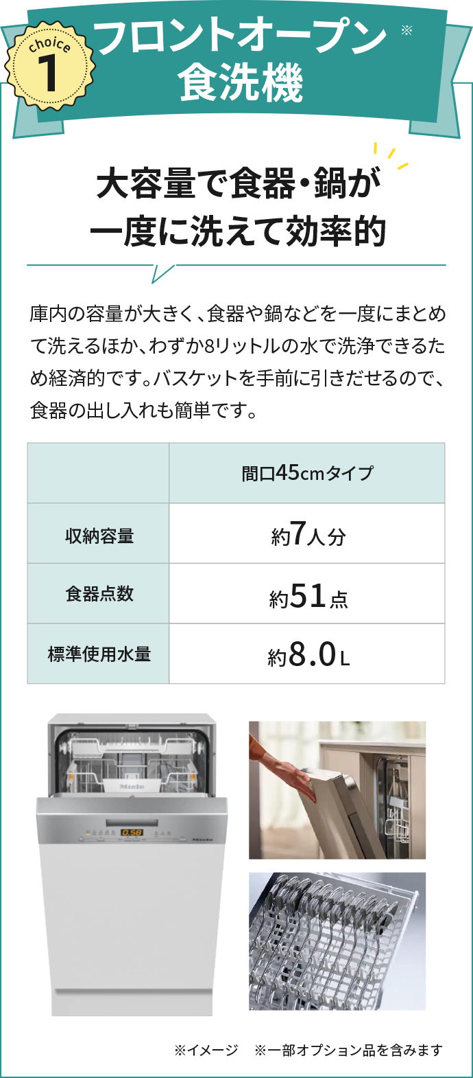 フロントオープン食洗器 大容量で食器・鍋が一度に洗えて効率的 庫内の容量が大きく、食器や鍋などを一度にまとめて洗えるほか、わずか8リットルの水で洗浄できるため経済的です。バスケットを手前に引きだせるので、食器の出し入れも簡単です。