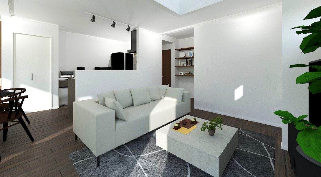 【ヘリオスタウン勝田台4】2号棟LDK<br>明るい日差しが降り注ぐ開放的な吹き抜けプラン<br>家族で過ごすリビングを最優先に考えたプランニングです。<br>玄関のシューズインクローゼット～ファミリークローゼットへと続くウォークスルー動線もポイントです。　