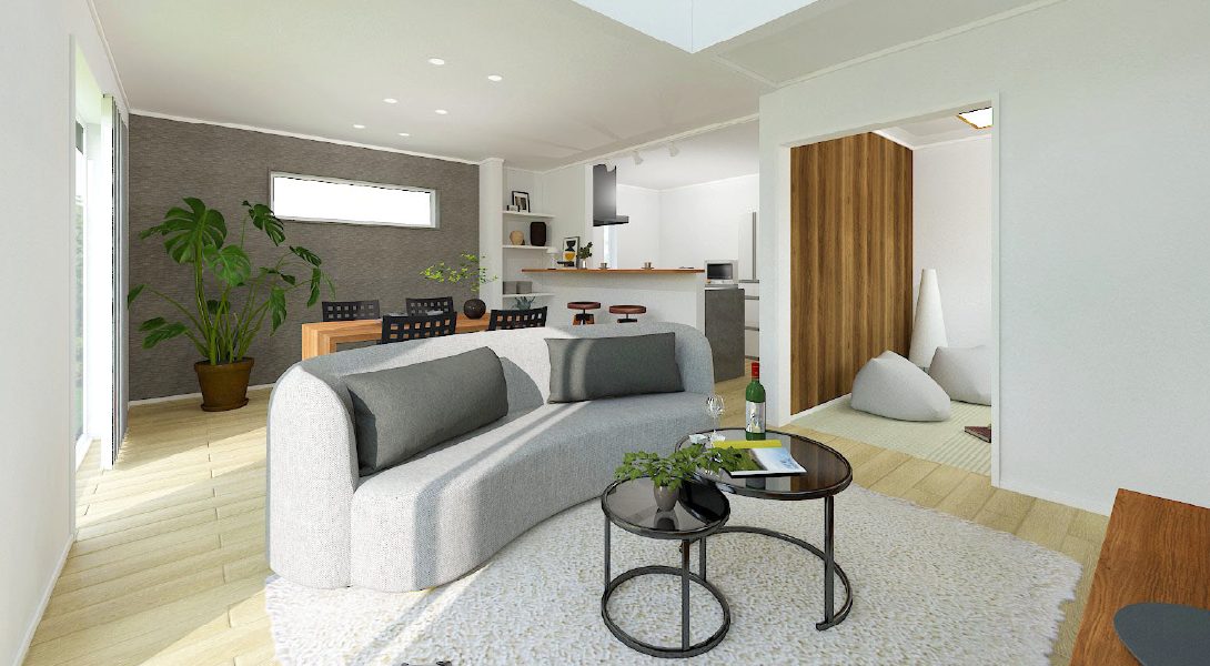 【ヘリオスタウン勝田台4】3号棟①LDK<br>LDKは20.38帖と広々。1Fに洋和室もあるため、ゆったりとした空間でくつろげます。 <br>2階は屋根がかかっているインナーバルコニーを採用。 出勤前に、天気を気にせず洗濯物を干せるので便利です。